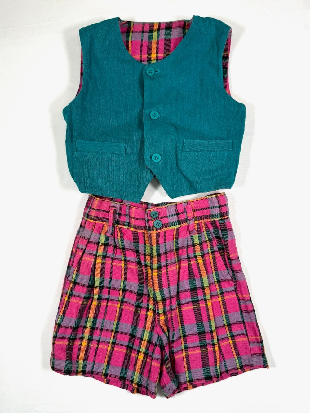 VINTAGE YAKKITY YAK 1990s Reversible Plaid Vest & Shorts Set Size 5 Cotton Rayon